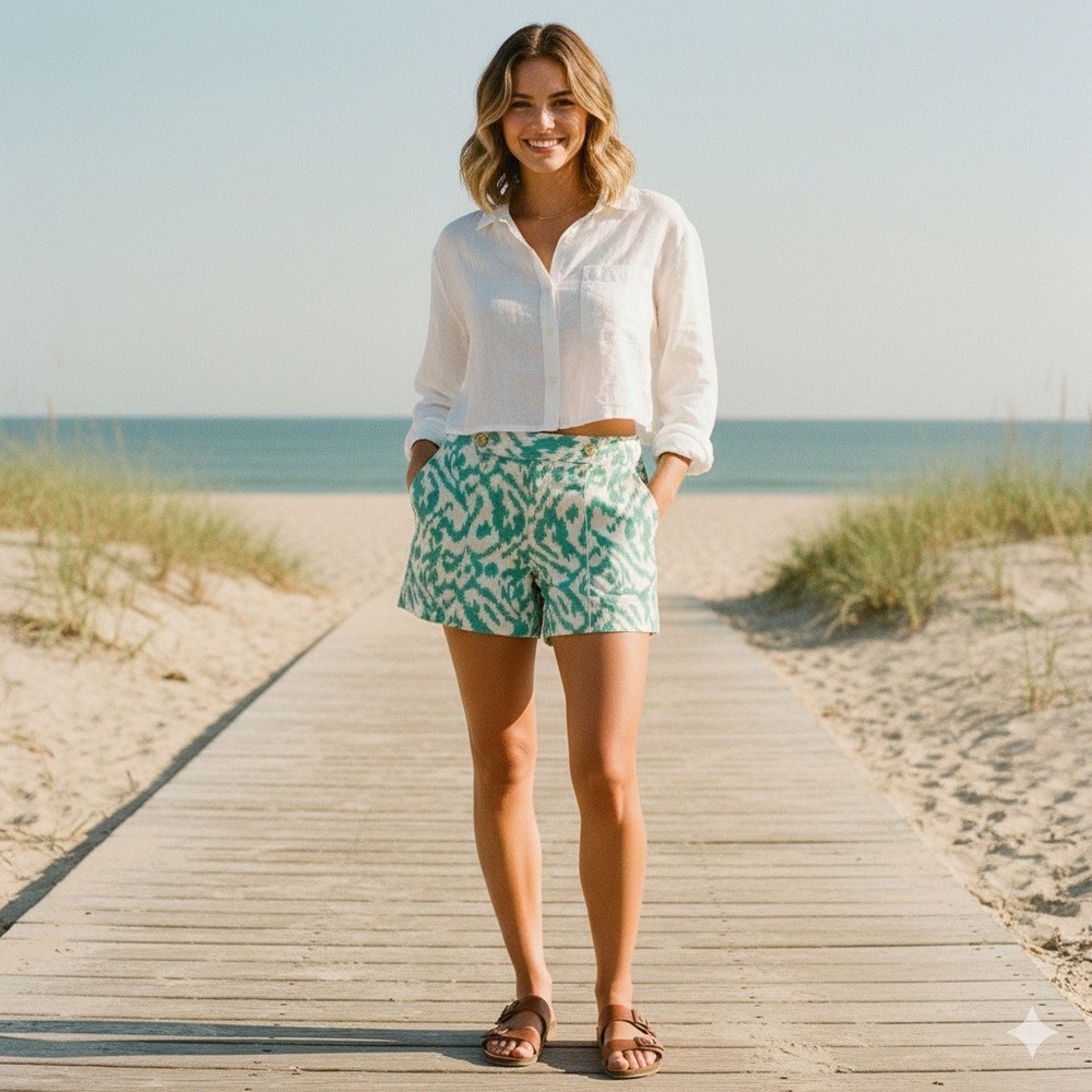 Ann Taylor LOFT Ikat Print Linen Blend Shorts Turquoise White Size 8